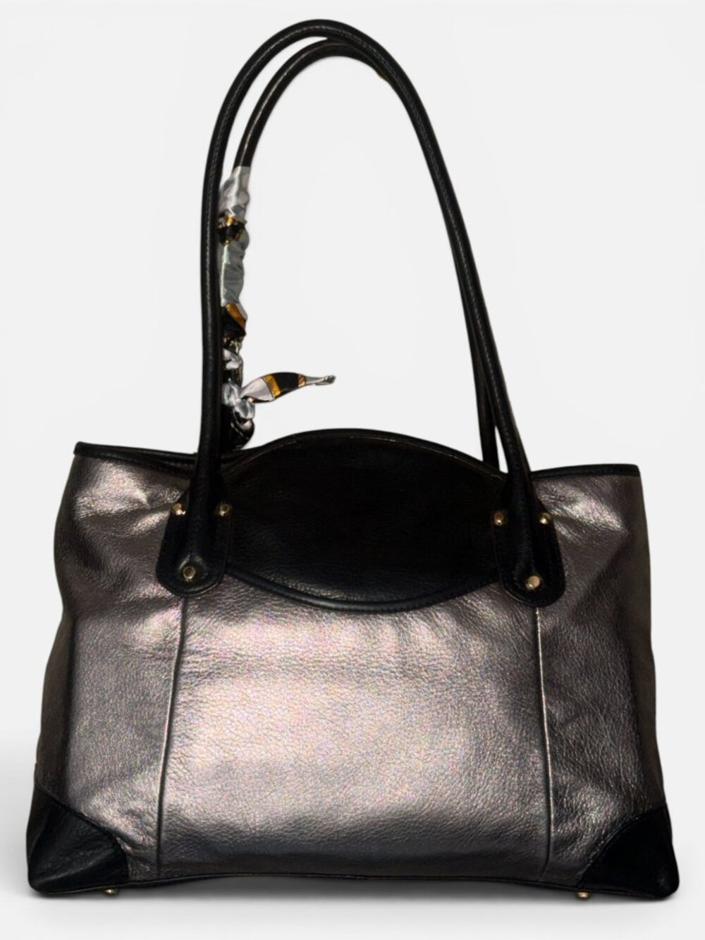 B Makowsky Nolita Turnlock Satchel Silver Black Colorblock Leather Shoulder Bag - Picture 4 of 8